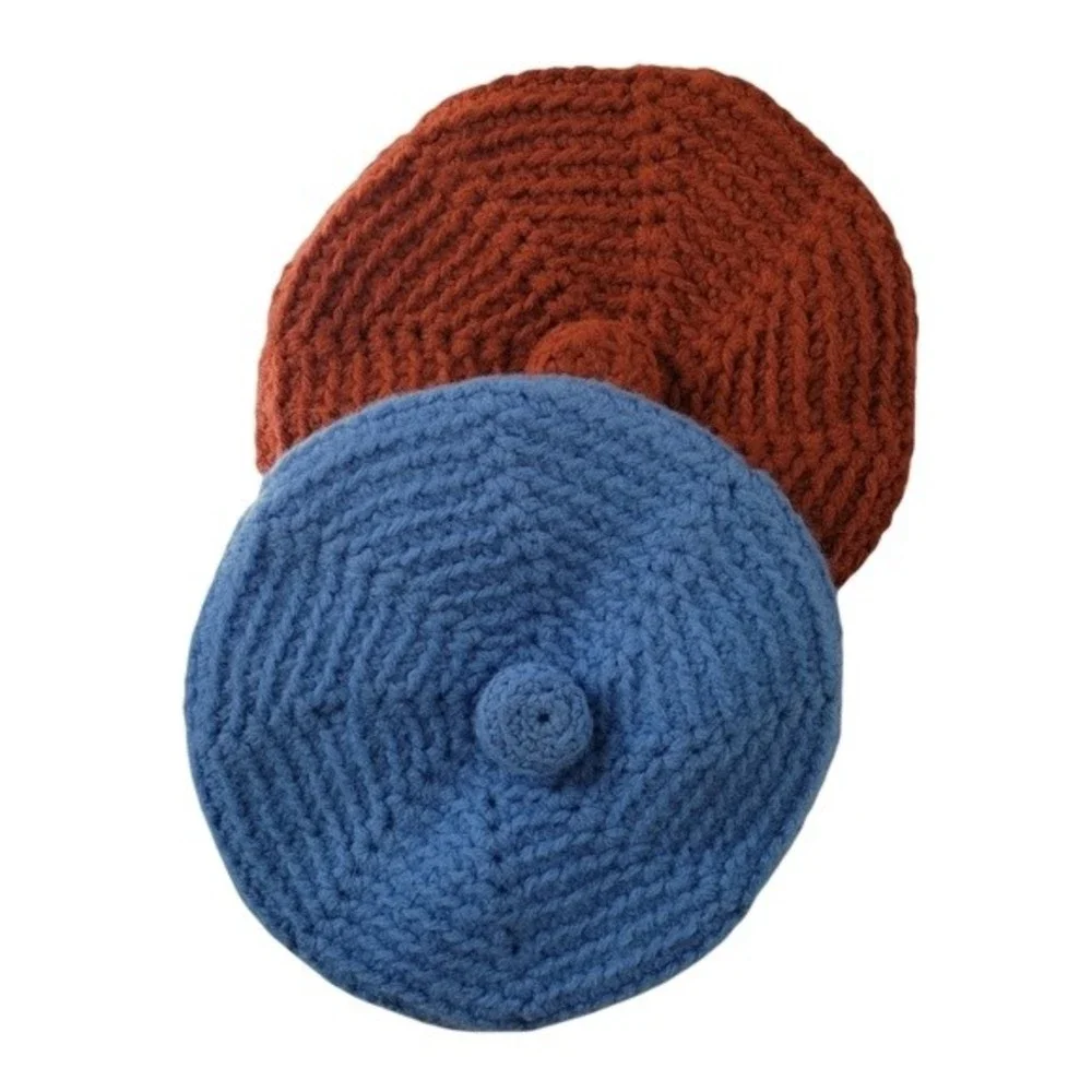 2 Knit Berets Kids Size Teen Baby Blue Rust Orange handmade handknit parisian